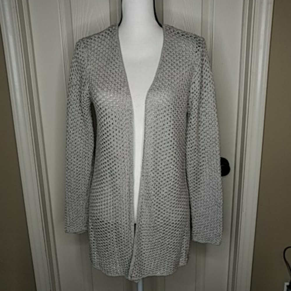 Tommy Bahama Open Front Crocheted Cardigan Gray w/Silver Thread Sz. M